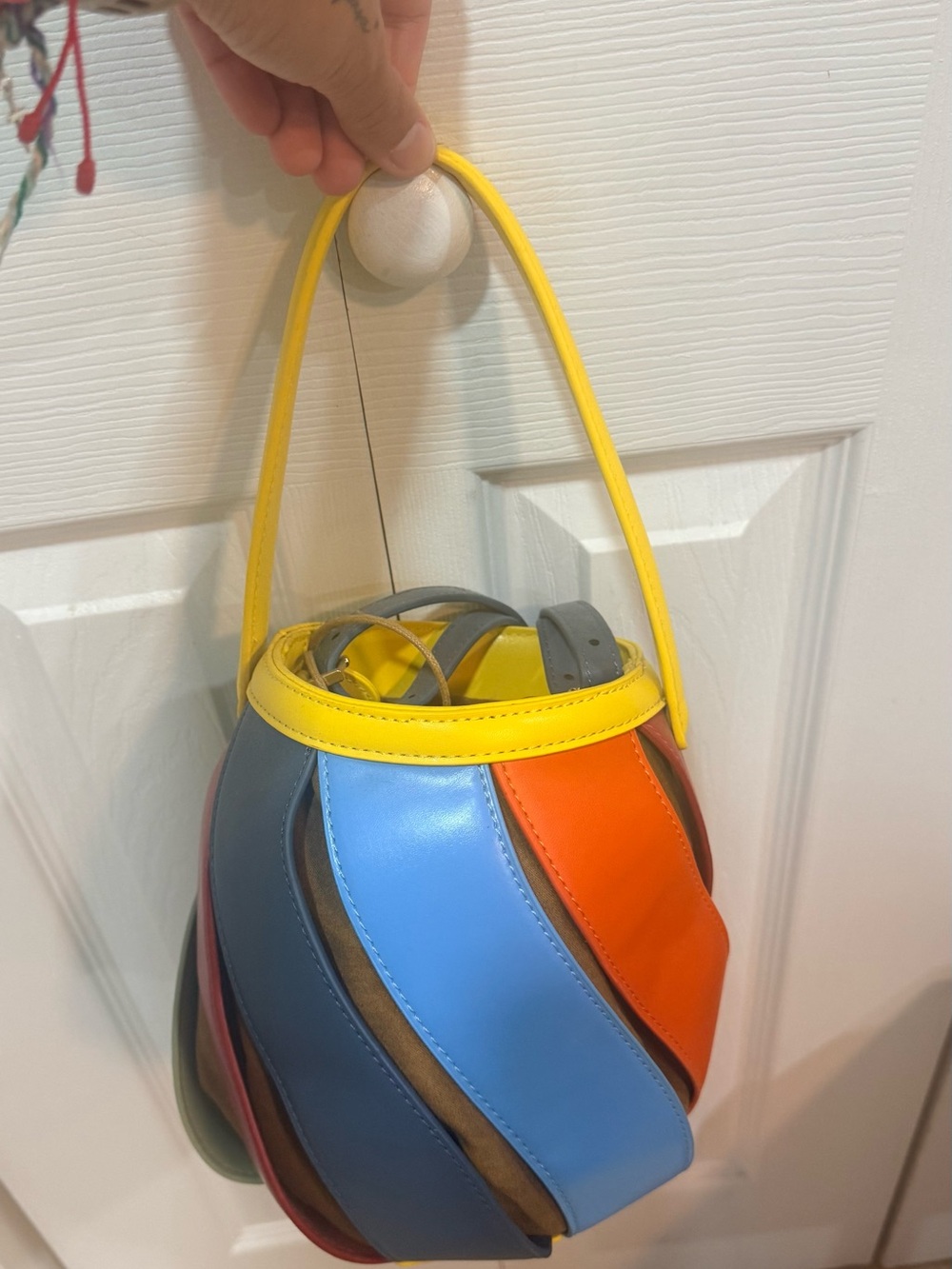 Multicolor Spiral Leather Bucket Bag - Yellow Handle